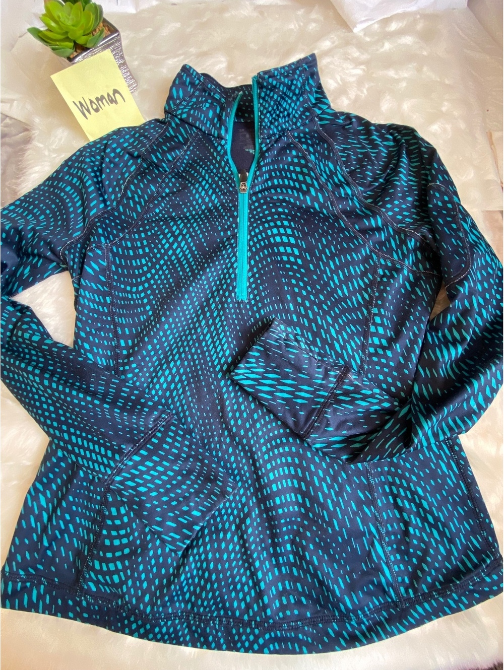 Tek Gear Women's Black and Teal Patterned Quarter-Zip Jacket